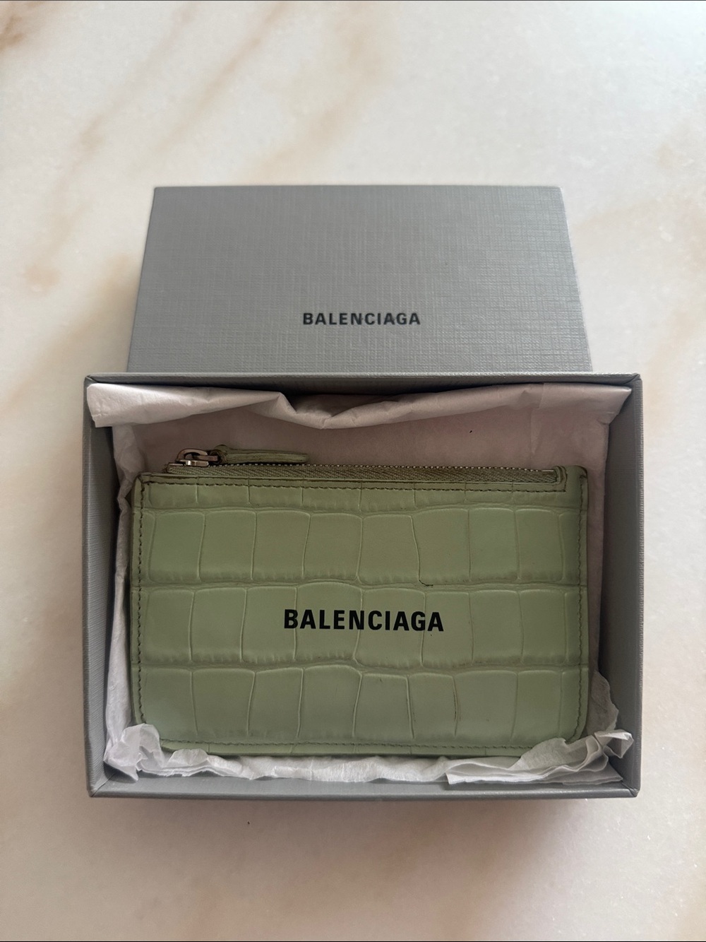 Balenciaga Light Green Croc-Embossed Leather Card Zip Pouch